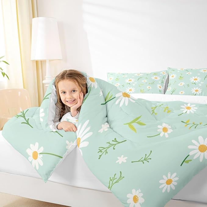 Manfei Cute Flower Comforter Set Twin Size, Botanical Theme Floral Print Bedding Set 2pcs for Kids Girls Room Decor, Watercolor Daisy Quilt Set Soft Polyester Duvet Set with 1 Pillowcase