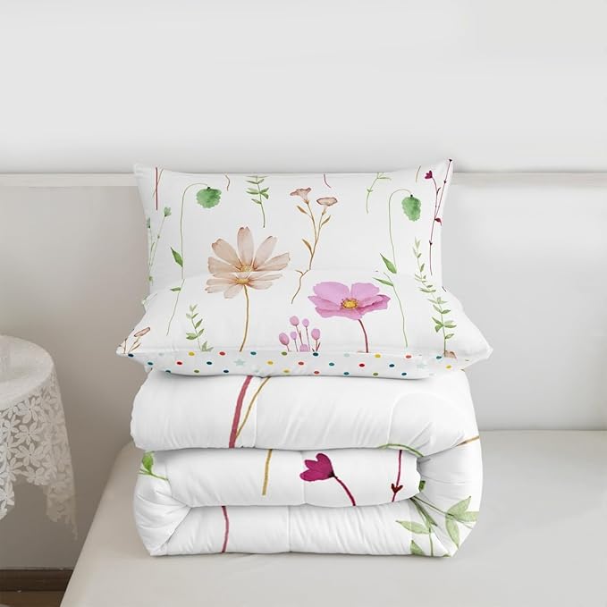 Erosebridal Watercolor Flower Comforter Set Queen, Pink Beige Floral Bedding Set for Kids Teens Adult Women Bedroom, Modern Minimalist White Quilt Branches Pastoral Duvet Insert with 2 Pillow Cases