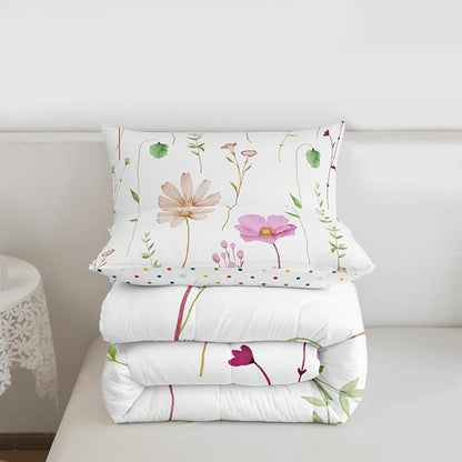Erosebridal Watercolor Flower Comforter Set Queen, Pink Beige Floral Bedding Set for Kids Teens Adult Women Bedroom, Modern Minimalist White Quilt Branches Pastoral Duvet Insert with 2 Pillow Cases