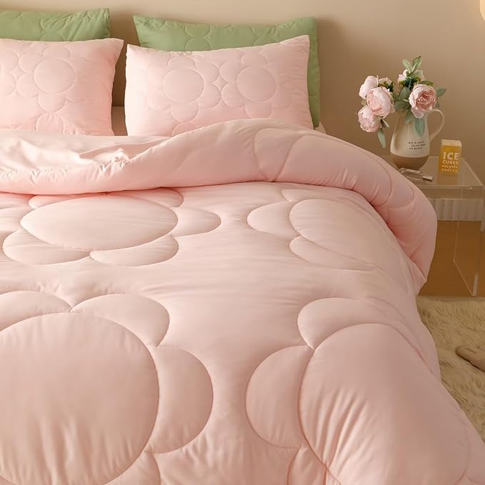 Cottonight Pink Sunflower Comforter Set Full Blush Pink Floral Bedding Set Women Girls Boho Farmhouse Chic Blanket Quilts Soft Breathable Baby Pink Full Size 3 Piece Bedding Set for Full Bed