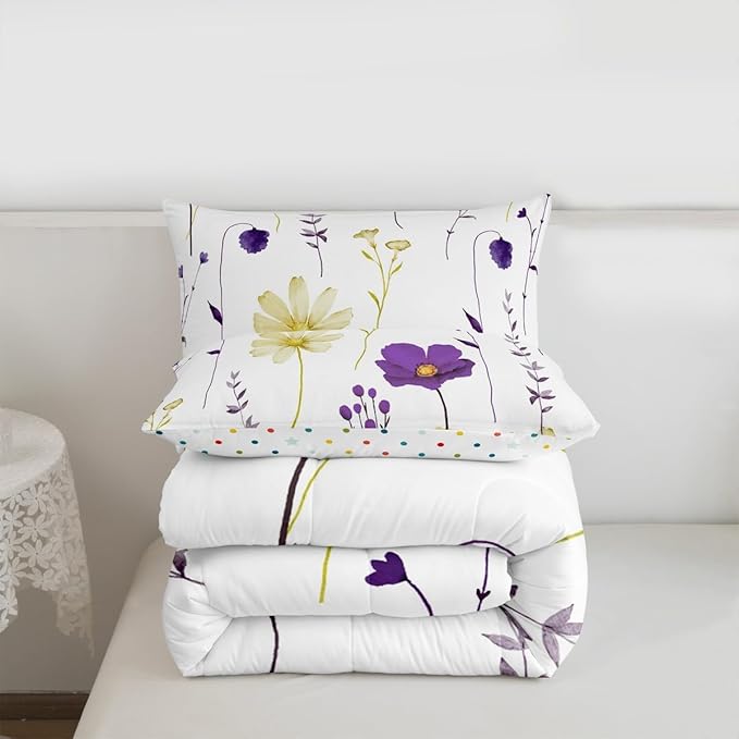 Erosebridal Watercolor Floral Comforter Set Queen Size, Purple Yellow Flower Bedding Set for Teens Adult Women Bedroom, Modern Minimalist White Down Comforter Pastoral Branches Aesthetic Quilt