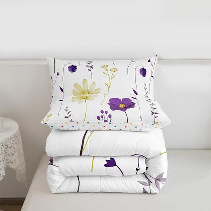Erosebridal Watercolor Floral Comforter Set Queen Size, Purple Yellow Flower Bedding Set for Teens Adult Women Bedroom, Modern Minimalist White Down Comforter Pastoral Branches Aesthetic Quilt