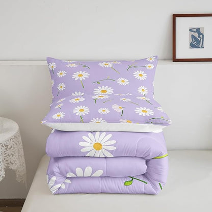 Manfei Cute Flower Comforter Set Full Size, White Daisy Floral Bedding Set 3pcs for Kids Boys Girls Room Decor, Botanical Plants Wildflower Down Comforter with 2 Pillowcases, No Sheets