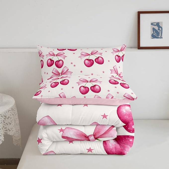 Feelyou Pink Girls Bow Bedding Set Boys Girls King Size Bow Comforter Set for Kids Women Men Ultra Soft Kawaii Cherry Prints Comforter Cute Bowknot Duvet Set Room Decor Lovely Quilt Set