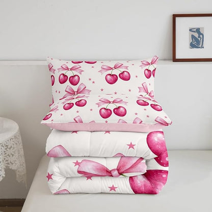 Feelyou Pink Girls Bow Bedding Set Boys Girls Queen Size Bow Comforter Set for Kids Women Men Ultra Soft Kawaii Cherry Prints Comforter Cute Bowknot Duvet Set Room Decor Lovely Quilt Set