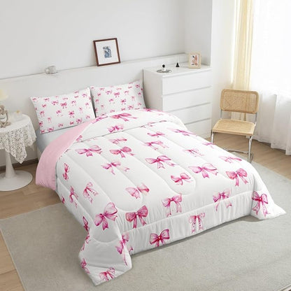Feelyou Pink Girls Bow Bedding Set Boys Girls Toddler Size Bow Comforter Set for Kids Women Men Ultra Soft Cute Bowknot Comforter Kawaii Duvet Set Room Decor Lovely Quilt Set
