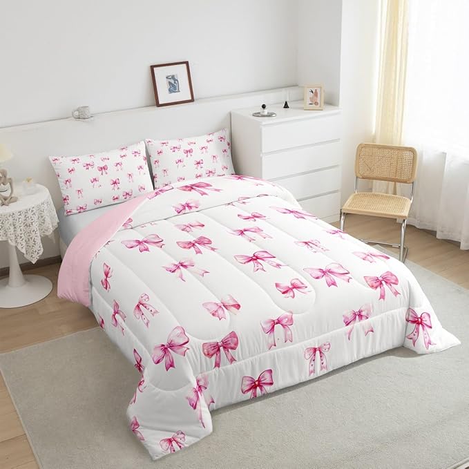 Feelyou Pink Girls Bow Bedding Set Boys Girls King Size Bow Comforter Set for Kids Women Men Ultra Soft Cute Bowknot Comforter Kawaii Duvet Set Room Decor Lovely Quilt Set