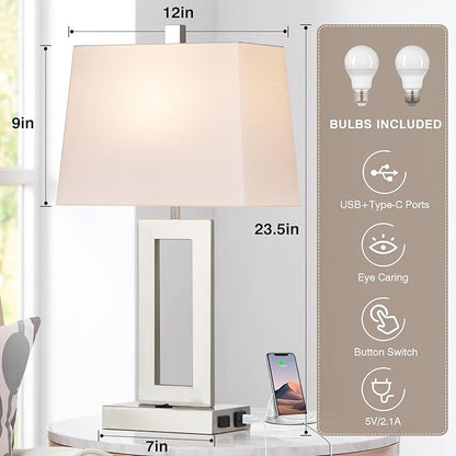 Table Lamp Set of 2 with USB C+A Ports & AC Outlet, Bedside Lamps, Modern Bedroom Lamps, Silver Lamps for Night Stands Bedroom Living Room,Nightstand Lamp（Push Button Swich