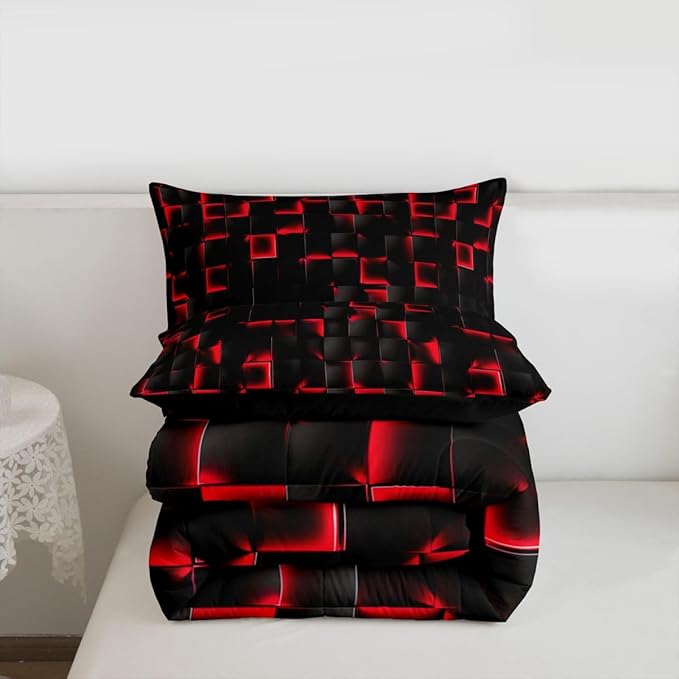 Erosebridal Boys Red and Black Comforter Set Toddler Geometric Checkered Kids Bedding Set Teen Men Gaming Room Decor,Abstract Ombre Plaid Comforter Grids Quilt Duvet