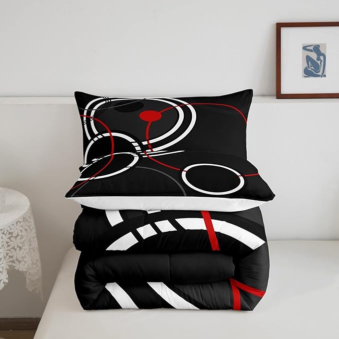 Erosebridal Modern Comforter Full Abstract Bedding Set for Kids Teen, Black and White Down Comforter Stripe Bed Set, Geometric Circle Quilted Duvet Microfiber Lightweight Decorations 3 Pieces