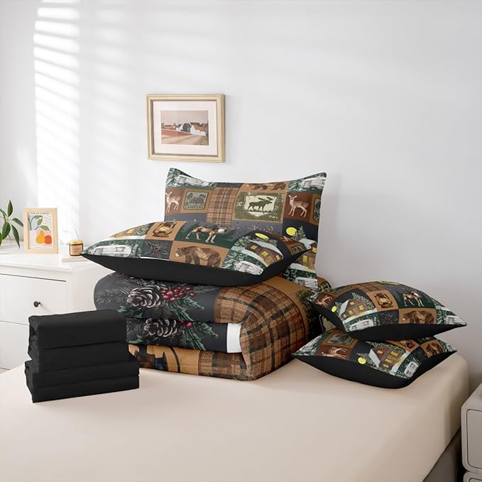 Erosebridal Hunting Bear 7 Piece Comforter Set King Rustic Farmhouse Bedding Sets for Kids Teens Cabin Decor Vintage Barn Woodland Animals Moose Sheet Set Retro Buffalo Plaid Camper Quilt Brown