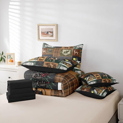 Erosebridal Hunting Bear 7 Piece Comforter Set Queen Rustic Farmhouse Bedding Sets for Kids Teens Cabin Decor Vintage Barn Woodland Animals Moose Sheet Set Retro Buffalo Plaid Camper Quilt Brown