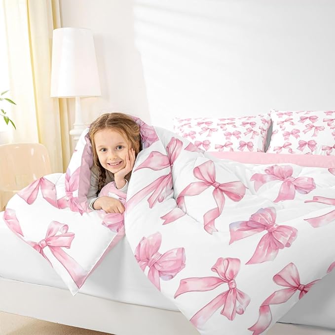 Erosebridal Cute Pink Bow Full Bedding Set for Girls,Dreamy Coquette Bowknot Comforter Set Girly Princess Style Bedding Comforter Sets Cute Kawaii Pink Bow Bed Set for Kids Teen Women