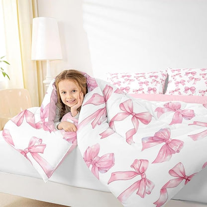 Erosebridal Cute Pink Bow Twin Bedding Set for Girls,Dreamy Coquette Bowknot Comforter Set Girly Princess Style Bedding Comforter Sets Cute Kawaii Pink Bow Bed Set for Kids Teen Women
