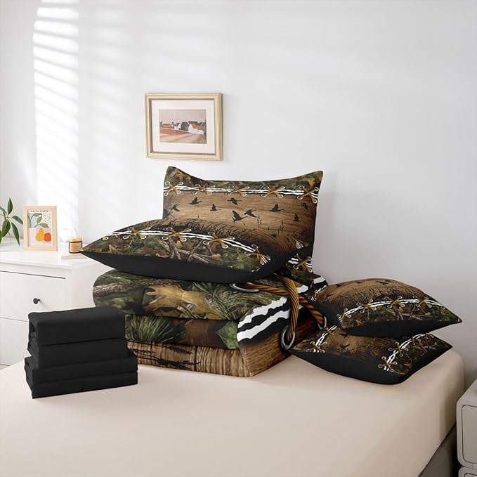 Erosebridal Duck Camo Comforter Set Twin Comforter Set with Sheets | Mallard Duck 7-Piece Bedding Set Mens Country Camo Bed in a Bag, Farmhouse Woodland Animals Bed Sets,Wildlife Cabin Hunting Decor
