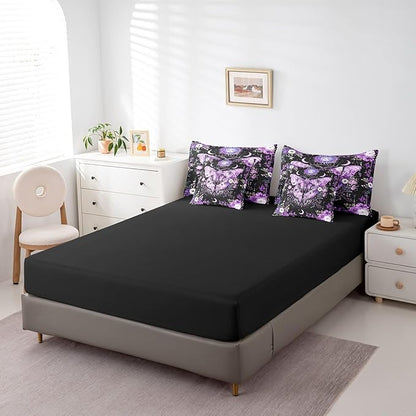 Feelyou Purple Death Moth Bedding Set with Comforter, Boho Moth Comforter Twin Size 7Pcs Sun Moon Butterfly Bed in a Bag with Comforter, Boho Floral Flat Sheet, Fitted Sheet, Pillowcases Room Decor