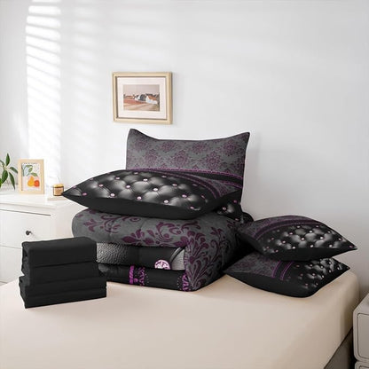 Purple Damask King Size Comforter Set with Sheets | Antique Decor Gothic Vintage Floral 7-Piece Bedding Set Luxury Black Diamond Texture Pattern Bohemian Bed in a Bag, Goth Victorian Bed Sets