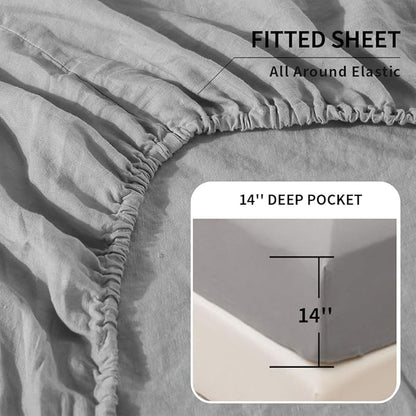 Simple&Opulence Belgian Linen Sheet Set Solid Color - 3 Pieces (1 Flat Sheet, 1 Fitted Sheet & 1 Pillowcase) Natural Flax Cotton Blend Soft Breathable Farmhouse Bedding - Twin Size, Grey