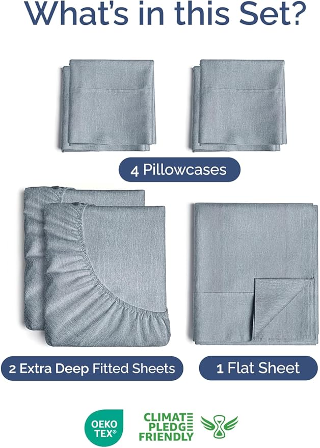 Extra Deep Split King Sheet Set - 7 Piece Breathable and Cooling Sheets - Hotel Luxury Bedding for Women, Men, Kids & Teens - Secure Fit - Soft and Wrinkle Free - Extra Deep Pockets - Heathered Blue