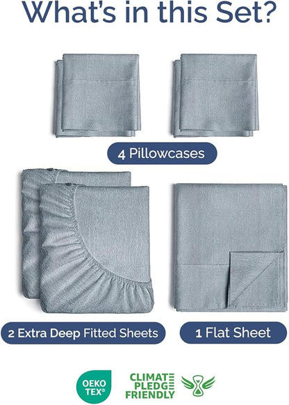 Extra Deep Split King Sheet Set - 7 Piece Breathable and Cooling Sheets - Hotel Luxury Bedding for Women, Men, Kids & Teens - Secure Fit - Soft and Wrinkle Free - Extra Deep Pockets - Heathered Blue