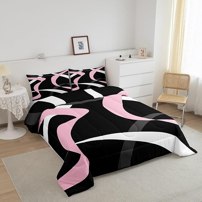 Erosebridal Abstract Black Pink Bedding Comforter Sets Dark Grey White Striped Bedding Set Queen for Kids Girls Teen Women Geometric Swirl Stripes Down Comforter Modern Fashion Quilt Duvet