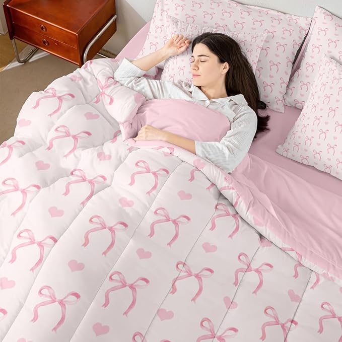 Erosebridal Pink Bow Love Hearts Pink 7 Piece Bedding Set Twin | Bowknot Kawaii Cute Comforter Set with Sheets Princess Dreamy Ribbon Bed in A Bag Girls Women Teens Bed Sets