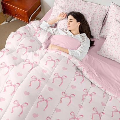 Erosebridal Pink Bow Love Hearts Pink King 7-Piece Comforter Set | Bowknot Kawaii Cute Sheets and Pillowcases Princess Dreamy Ribbon Bed in A Bag Girls Women Teens Bed Sets