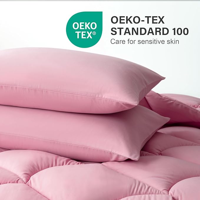 Decroom Lightweight Queen Comforter Set with 2 Pillow Sham - 3 Pieces Set - Quilted Down Alternative Comforter/Duvet Insert for All Season - Pink - Queen Size