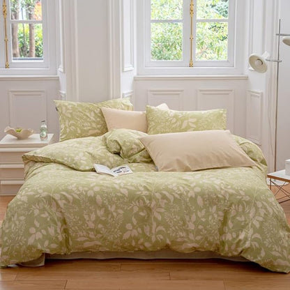 CLOTHKNOW Green Leaves California King Comforter Set Boho Bedding Comforter Sets Girls Women Comforter Botanical Comforter with 2 x Pillow Cases
