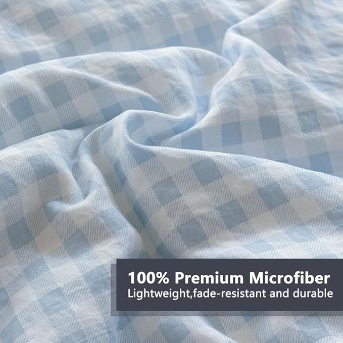 NSNLGSGC Light Blue Ruffle Gingham Comforter Set Queen, Pre-Washed Ruffled Plaid Checked Comforter Bedding, 3 Pieces Vintage Farmhouse Grid Bedding Set(Blue Gingham, Queen)