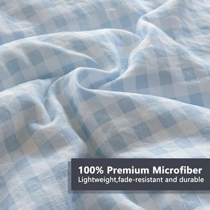 NSNLGSGC Light Blue Ruffle Gingham Comforter Set King, Pre-Washed Ruffled Plaid Checked Comforter Bedding, 3 Pieces Vintage Farmhouse Grid Bedding Set(Blue Gingham, King)