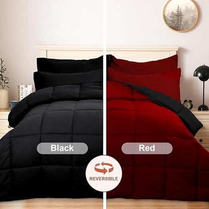 COZYART King Comforter Set 7 Pcs, Red Bed in a Bag, All Season Lightweight Soft Reversible Bedding Sets, 1 Comforter, 1 Flat Sheet, 1 Fitted Sheet, 2 Pillow Shams, 2 Pillowcases