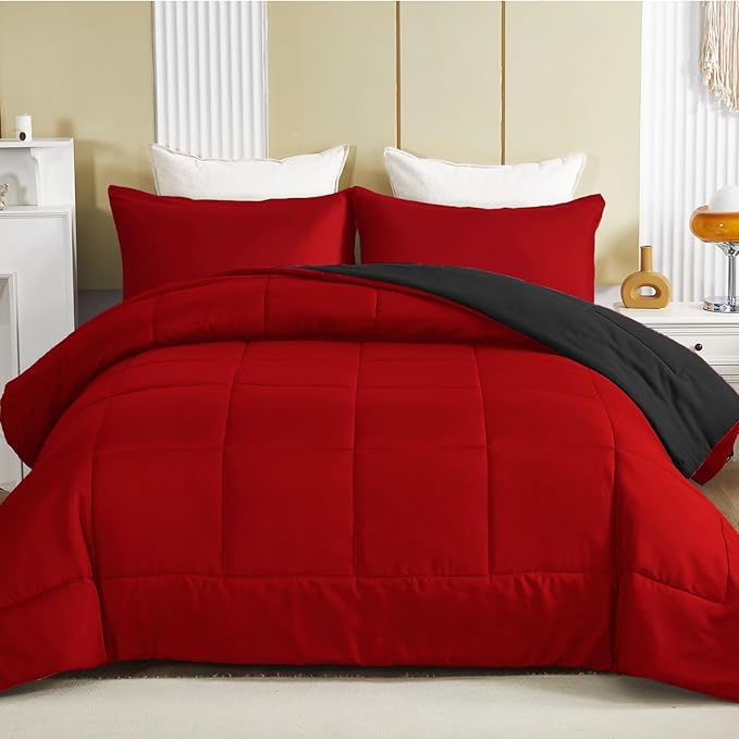 Exclusivo Mezcla Lightweight Reversible Queen Size Comforter Set, Down Alternative Comforter with 2 Pillow Sham, Queen Size Bedding Set for All Seasons, Red/Black