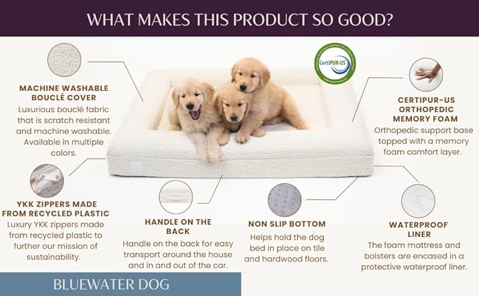 Luxury Boucle Orthopedic Memory Foam Dog Bed with Waterproof Liner and Machine Washable Cover with YKK Zippers (Large, 45" L x 36" W x 7" Th, Sand)