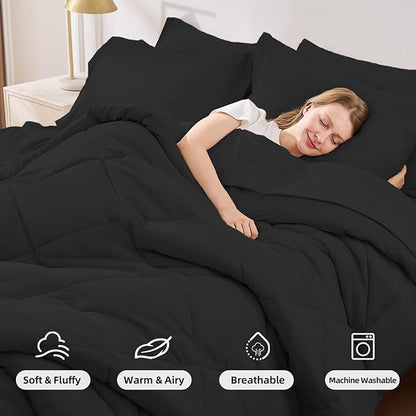 FUANNA 7 Pieces King Size Comforter Set, All Season Bed in a Bag King Size, Luxury Soft Bedding Sets with Comforter, Flat Sheet, Fitted Sheet, Pillowcases & Pillow Shams, Black