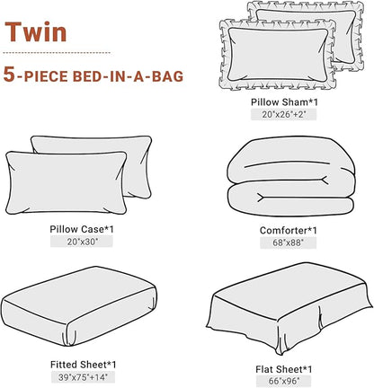 JOLLYVOGUE Burnt Orange Twin Size Comforter Sets 5 Pieces, Pintuck Bed in a Bag Comforter Set for Bedroom, Bedding Comforter Sets with Comforter, Sheets,Ruffled Shams & Pillowcases