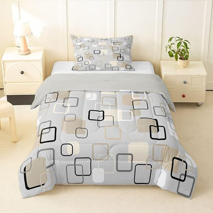 Erosebridal Minimalist Geometric Square Bedding Set Twin Mid-Century Plaid Comforter Set for Kids Girls Boys Neutral Gray Beige Abstract Down Comforter Modern Checkered Quilt Duvet