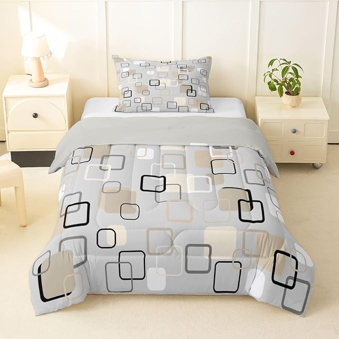 Erosebridal Minimalist Geometric Square Toddler Bedding Set Mid-Century Plaid Comforter Set for Kids Girls Boys Neutral Gray Beige Abstract Down Comforter Modern Checkered Quilt Duvet