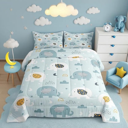 Feelyou Cartoon Elephant Bedding Set for Boys Girls King, Kids Zoo Animal Comforter Set Rainbow Elephant Comforter Wildlife Duvet Set 3Pcs