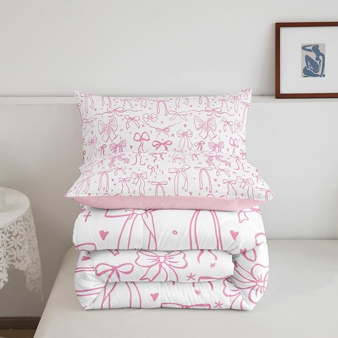 Pink Bowknot Kids Girls Comforter Set Full Size,Cartoon Hand Drawn Stars Love Bow Quilt Set,Sweet Princess Style Bedding Set for Teens Woman Room Decor,Dreamy Pink White Duvet Insert 3Pcs