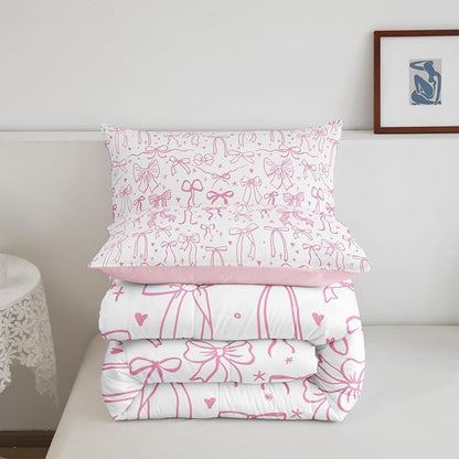 Pink Bowknot Kids Girls Comforter Set Queen Size,Cartoon Hand Drawn Stars Love Bow Quilt Set,Sweet Princess Style Bedding Set for Teens Woman Room Decor,Dreamy Pink White Duvet Insert 3Pcs
