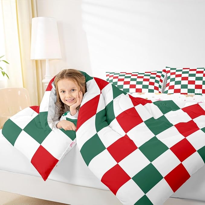 Checkered Christmas Comforter Set Twin Size Red Green Plaid Bedding Set for Kids Boys Girls Geometric Vintage Duvet Quilt Modern Simple Groovy Aesthetic Bedroom Decor 2 Pcs with 1 Pillow Cases