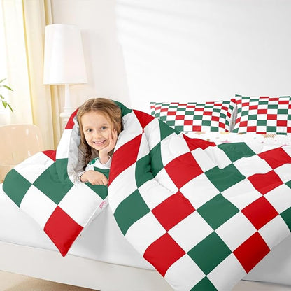 Checkered Christmas Comforter Set King Size Red Green Plaid Bedding Set for Kids Boys Girls Geometric Vintage Duvet Quilt Modern Simple Groovy Aesthetic Bedroom Decor 3 Pcs with 2 Pillow Cases