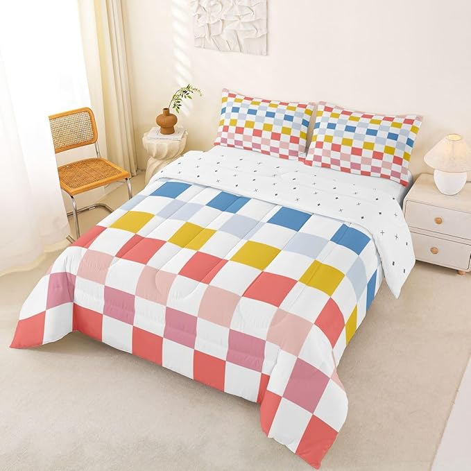 Feelyou Multicolored Checkered Retro Kids Comforter Set Queen Size Geometric Cute Bedding Set Colorful Duvet Quilt for Kids Boys Girls Bedroom Modern Groovy Aesthetic Decor