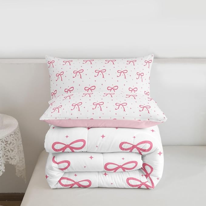 Erosebridal Pink Bow Girls Bedding Set Toddler Coquette Bows Comforter Set for Teen Girls Kids Women Bedroom Ribbon Bowknot Comforter Girly Preppy Dreamy Princess Quilt Duvet