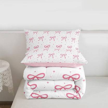 Erosebridal Pink Bow Girls Bedding Set King Coquette Bows Comforter Set for Teen Girls Kids Women Bedroom Ribbon Bowknot Comforter Girly Preppy Dreamy Princess Quilt Duvet