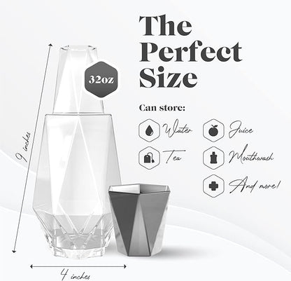 American Atelier 37 oz Fifth Avenue Decorative Bedside Water Carafe & Tumbler with Lid – 9" Silver Glass Pitcher Set for Nightstand, Guest Room, Office & Bedroom Hydration, Elegant Drinkware (Silver)