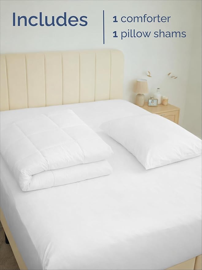 Twin Comforter Set - 2 Piece Bed Set for All Seasons - 1 Soft Quilted Comforter with Corner Tabs & 1 Pillow Sham - Comfy, Cozy & Breathable - Premium Down Duvet Insert - Oeko-TEX - Twin Size, White