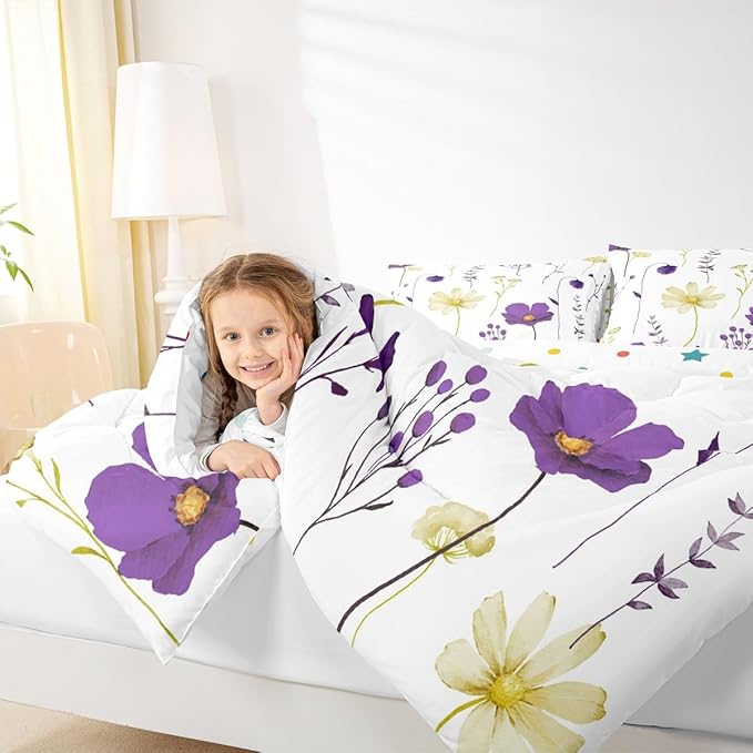 Erosebridal Watercolor Floral Comforter Set Queen Size, Purple Yellow Flower Bedding Set for Teens Adult Women Bedroom, Modern Minimalist White Down Comforter Pastoral Branches Aesthetic Quilt