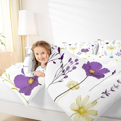 Erosebridal Watercolor Floral Comforter Set Queen Size, Purple Yellow Flower Bedding Set for Teens Adult Women Bedroom, Modern Minimalist White Down Comforter Pastoral Branches Aesthetic Quilt